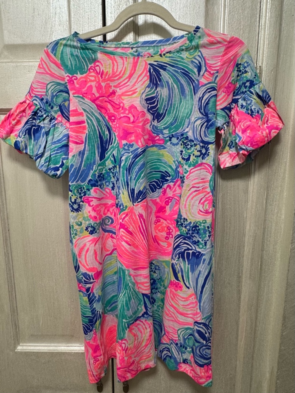 Lilly Pulitzer Girls XL (12-14) Mini Lindell T-Shirt Dress Puff Sleeves